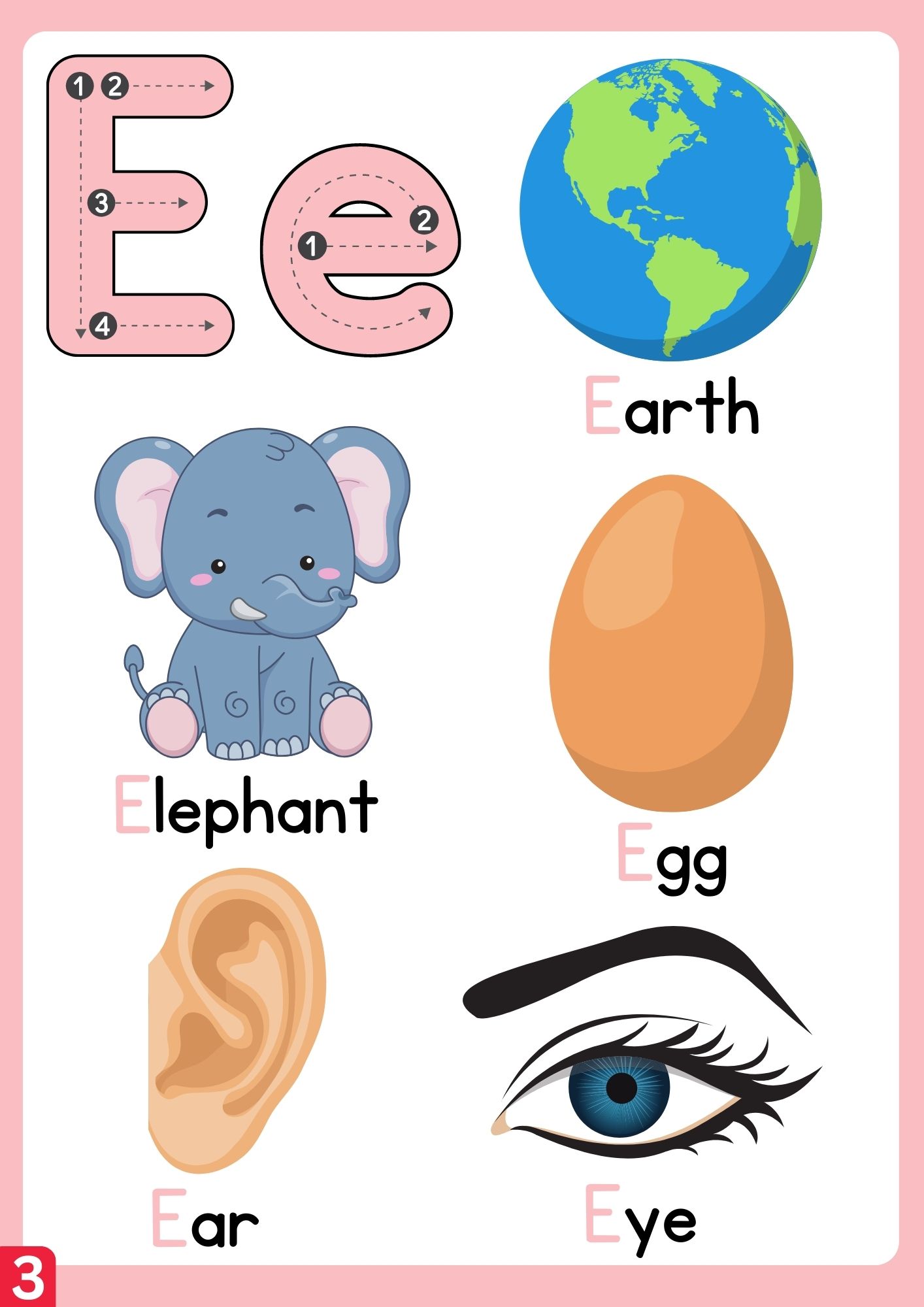 Letter e group 3 Flashcard with Words 